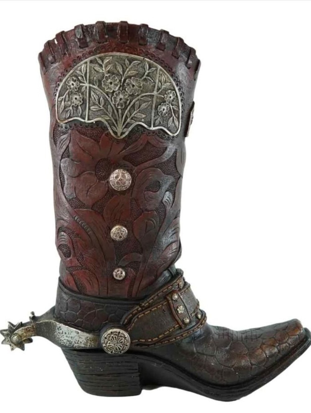 Handcrafted Tooled Leather Western Cowboy Boot Statue - Flower Vase 13x12"